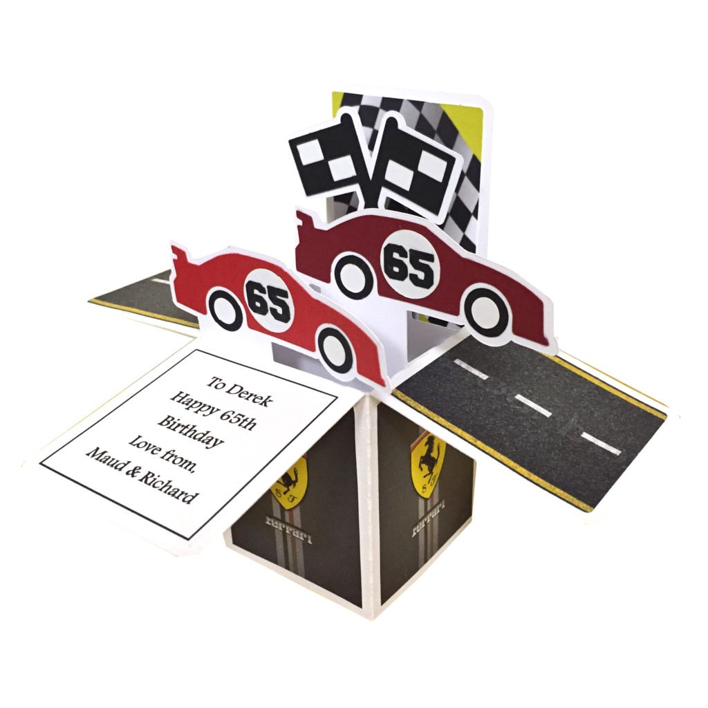 Racing box card - Pop up - folds flat